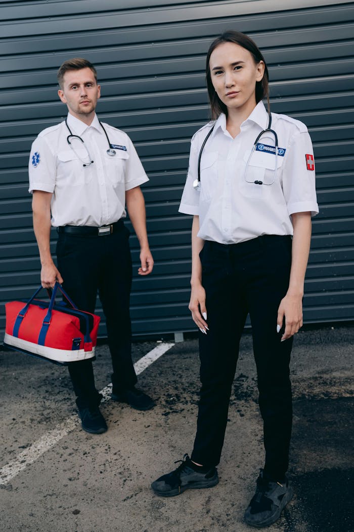 Two paramedics in uniform standing outdoors with medical equipment bag, demonstrating readiness.